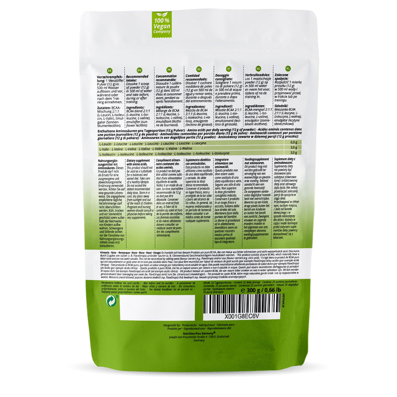 Bcaa Powder Neutral - Highest Dose Bcaaminos Without Sweeteners, Sugar And Additives - Natural Bcaas Are Essential Amino Acids - Vegan Instant Powder Unflavored 300 G - NewNest Australia