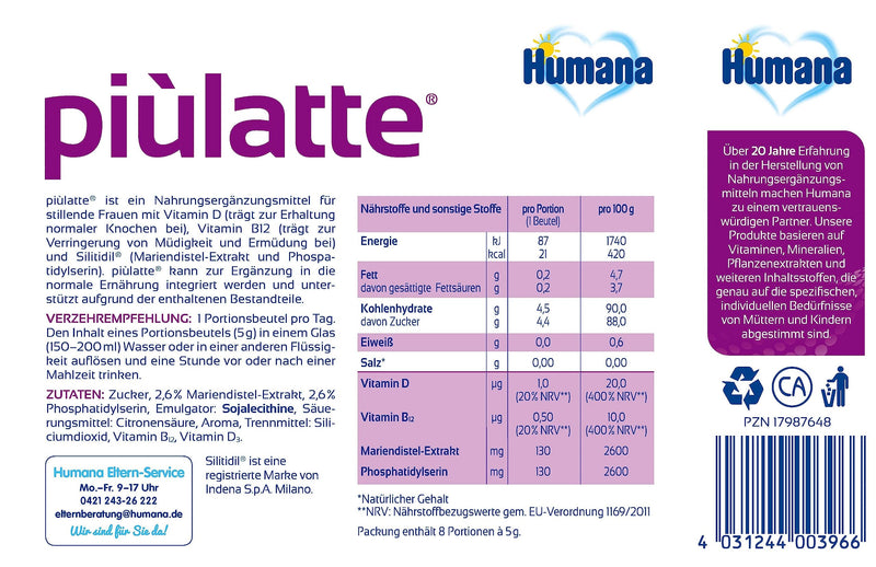 Humana piùlatte, nutritional supplement for breastfeeding women, with vitamin B12, vitamin D3 and milk thistle extract, nutritional supplement for breastfeeding, 14-day pack, sachet - NewNest Australia