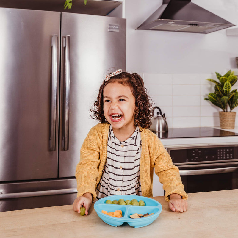 WeeSprout 100% Silicone Plates for Toddlers | 3 Pc Set | Divided Baby Plates | Non-Toxic, BPA Free | Dishwasher & Microwave Friendly | Skidproof & Unbreakable| Silicone Kids Plates with Dividers Bright Green, Blue & Grey Without Lids - NewNest Australia