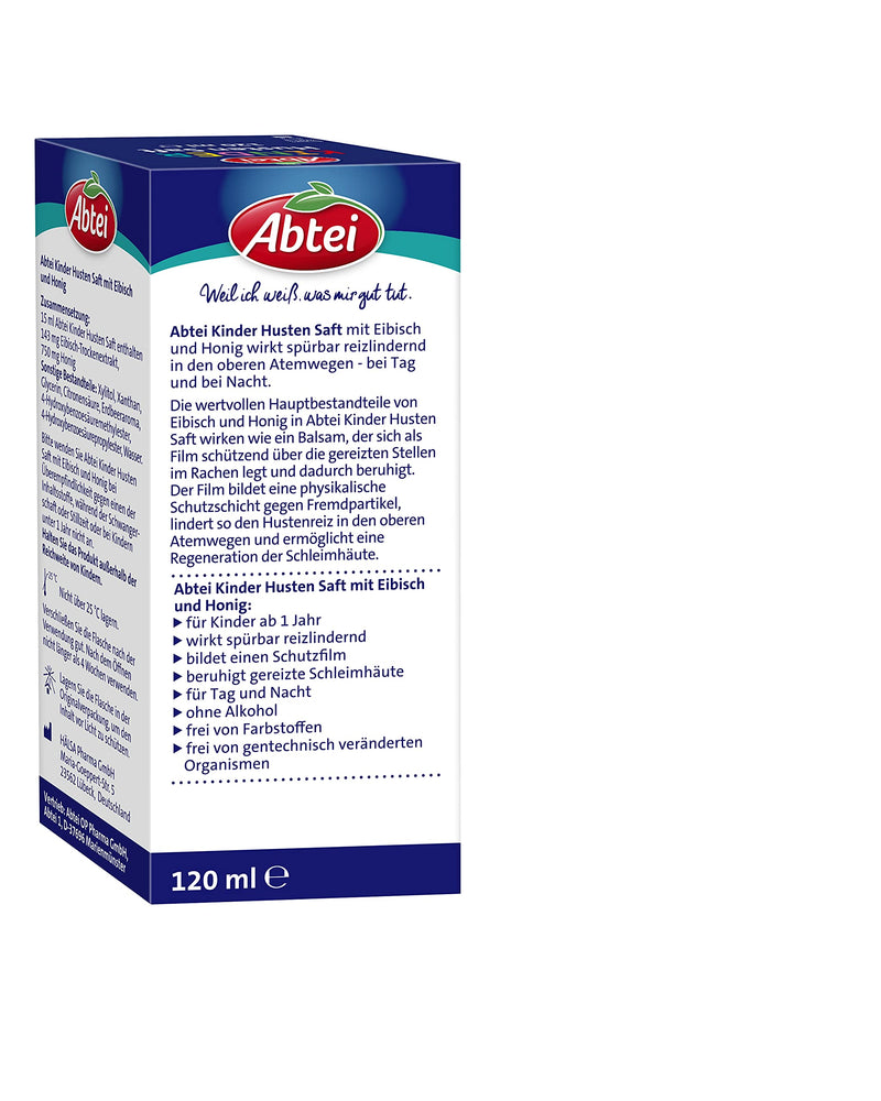 Abtei Children's Cough Juice - with strawberry flavor, marshmallow and honey - for children and toddlers from 1 year old - without alcohol, gluten-free, lactose-free - 1 x 120 ml - NewNest Australia