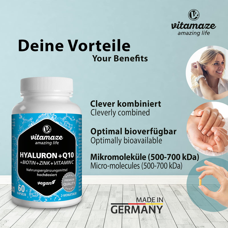 Hyaluronic acid high dose 200 mg + Coenzyme Q10 100 mg per vegan capsule, 2 month treatment, high bioavailability, low molecular weight: 500-700 kDa, dietary supplement without unnecessary additives - NewNest Australia
