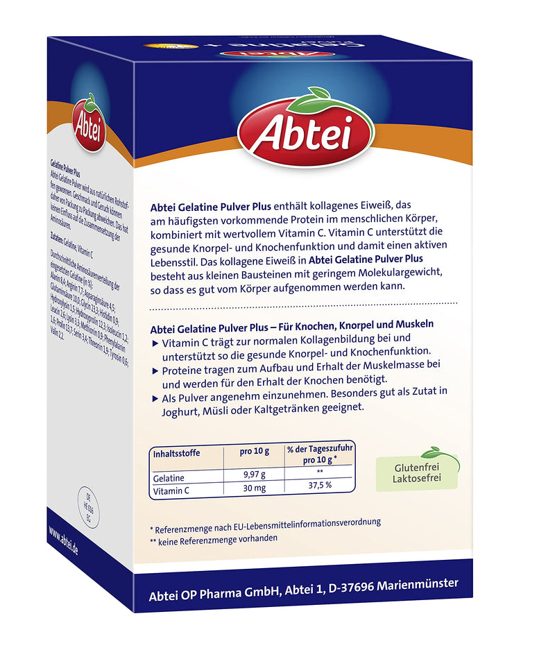 Abtei Gelatine Powder Plus - pure gelatin and vitamin C for bones, cartilage and muscles - laboratory tested and high dosage - 400 g (4 x 100 g) - supply pack for 40 days 40 portions (pack of 1) - NewNest Australia