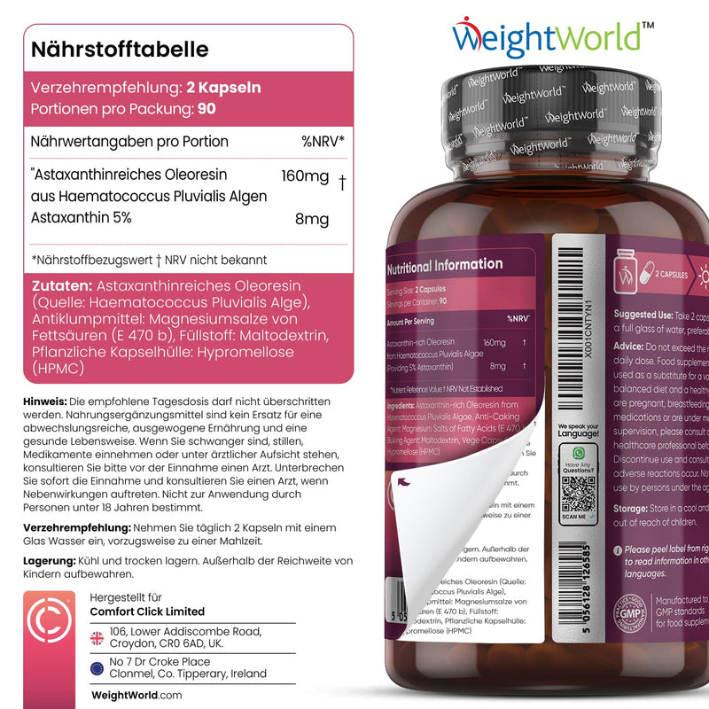 Natural & Pure Astaxanthin 8Mg - 160Mg Haematococcus Pluvialis Algae (Sea Algae) - 180 Vegan Capsules For 3 Months - With High Bioavailability Astaxanthin - For Women & Men - Weightworld - NewNest Australia