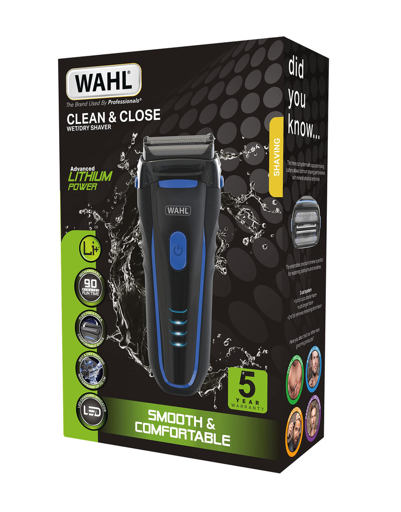 Wahl Clean and Close, Men’s Shaver, Electric Shavers for Men, Beard Shaving, Flex Foil, Waterproof, Easy Clean, Rubber Grip, LED Power Display, Black and Blue - NewNest Australia