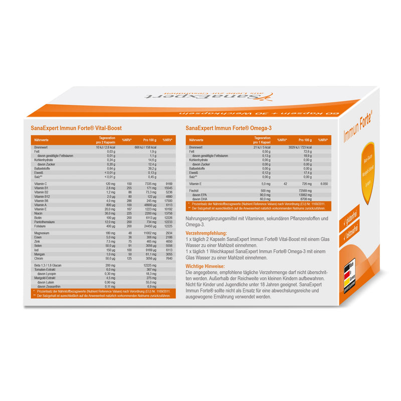 Immun Forte, vitamin complex and minerals for the immune system, omega-3 fatty acids, beta-glucan, marigold extract, lycopene and lutein, 90 capsules (69 g) - SanaExpert 1 - NewNest Australia