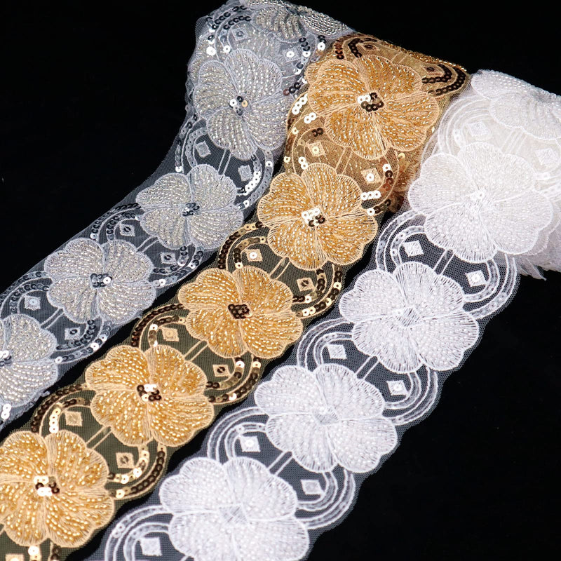 Beaded Lace Trim Gold Lace Ribbon Applique Sequin Lace Mesh Trim Floral Craft Sewing Supplies, Clothing Decorating Gold 1.5 yards - NewNest Australia