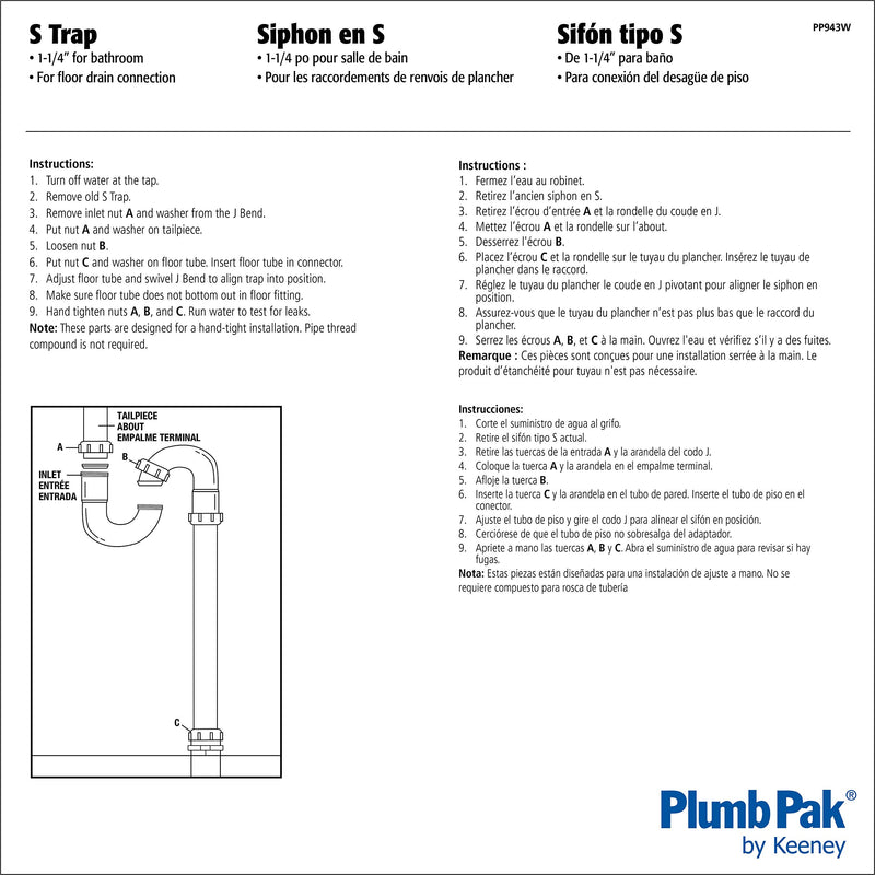 Plumb Pak PP943W PlumPak S-Trap, 1-1/4 In, Plastic, 1-1/4" - NewNest Australia