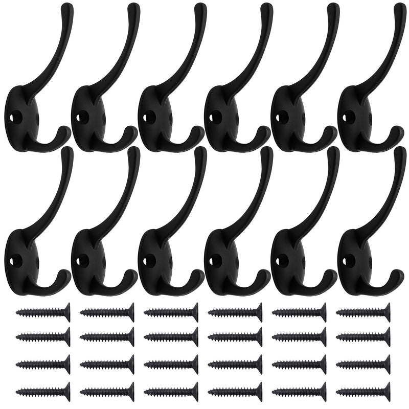 NewNest Australia - 12 Pack Black Coat Hooks Wall Mounted with 24 Screws Retro Double Hooks Utility Black Hooks for Coat, Scarf, Bag, Towel, Key, Cap, Cup, Hat 