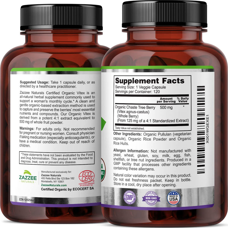 Zazzee USDA Organic Vitex, 500 mg Strength, 120 Vegan Capsules, USDA Certified Organic, Potent 4:1 Extract, Made from Whole Organic Chaste Berry, Vegan, All-Natural and Non-GMO - NewNest Australia