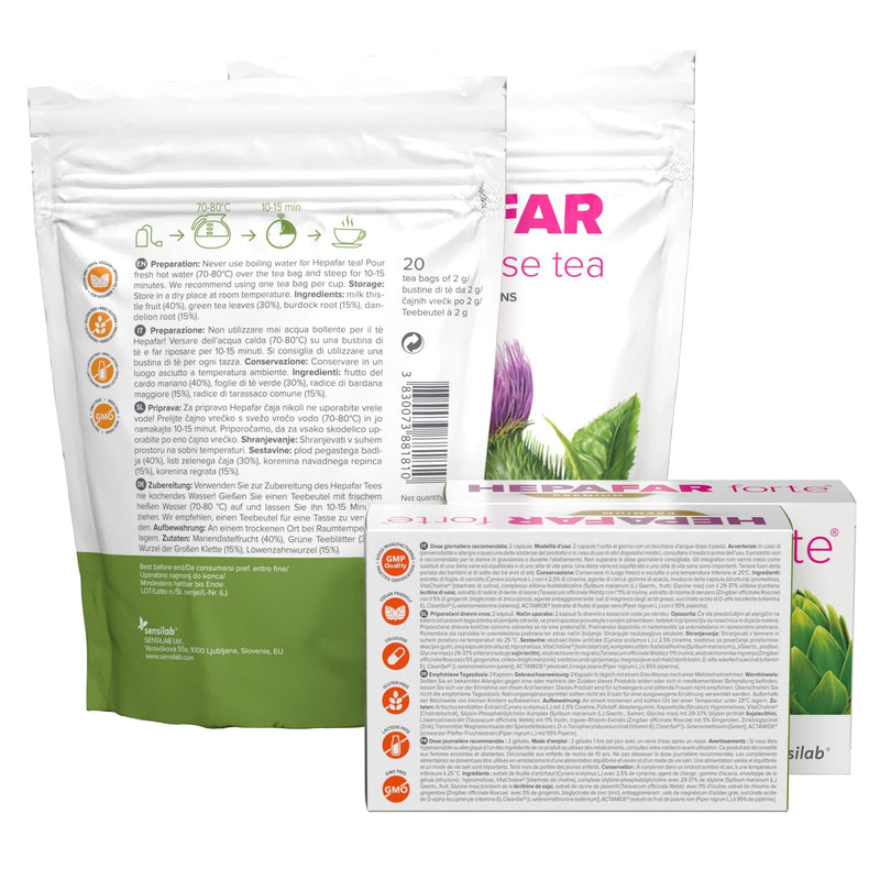 Hepafar liver detox package - milk thistle, artichokes, green tea, dandelion complex - vitamin E, phospholipids - 60 capsules, 40 tea bags for 30 days - Innovative patented detoxification - Sensilab Hepafar liver detox package - NewNest Australia
