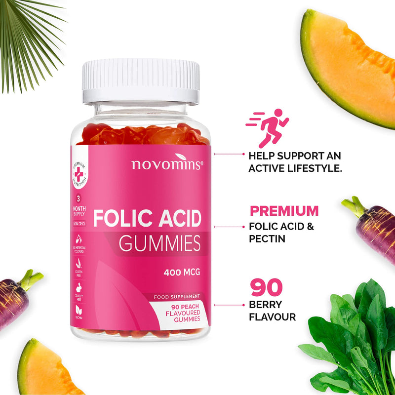 Folic Acid Gummies – Folic Acid 400mcg - 3 Month Supply – Vegan – Gluten Free – Pregnancy Care – Prenatal Health & Maternal Tissue Growth During Pregnancy – Made by Novomins - NewNest Australia