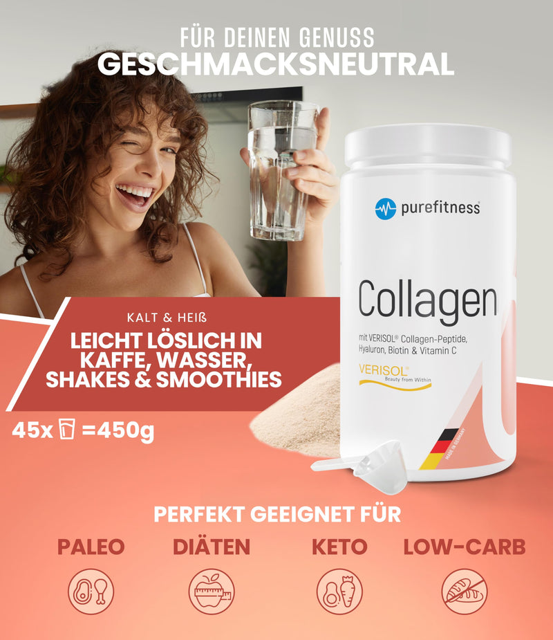 Purefitness Verisol® Collagen Powder 450 g [GRADE 1.3] with BEAUTY formula - Patented Verisol® Collagen Peptides - Collagen powder with hyaluronic acid, biotin & vitamin C - NewNest Australia