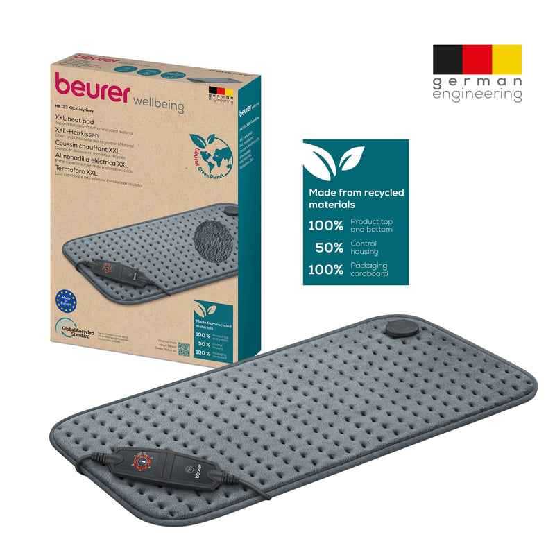 Beurer HK 123 Green Planet heating pad, Made in Europe, top and bottom made from 100% recycled material, cuddly soft, 60 x 30 cm, 6 temperature levels and automatic switch-off, machine washable, gray Gray made from recycled material - NewNest Australia