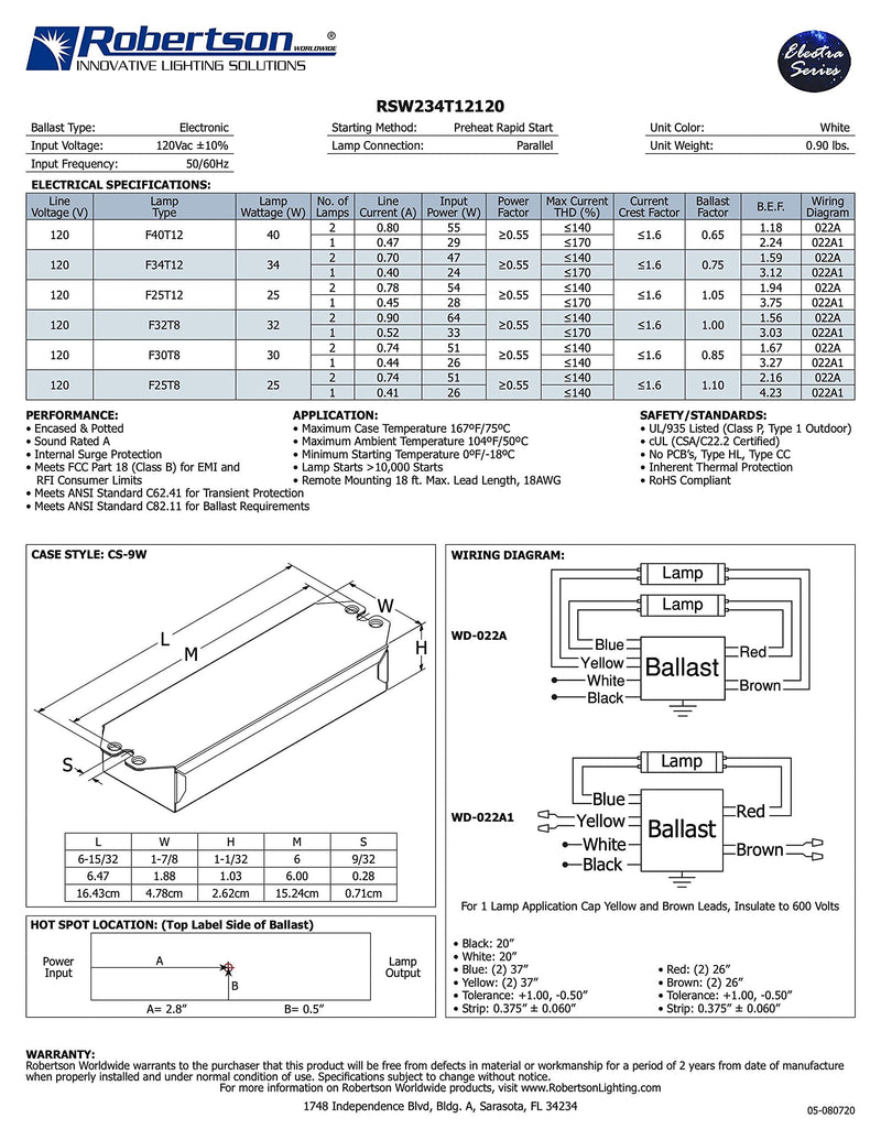 Robertson 3P20132 Fluorescent eBallast for 2 F40T12 Linear Lamps, Preheat- Rapid Start, 120Vac, 50-60Hz, Normal Ballast Factor, NPF, Model RSW234T12120 /A - NewNest Australia