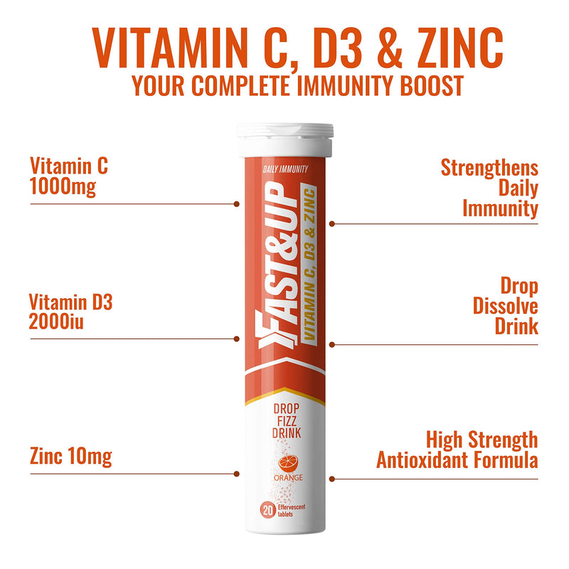 Fast&Up Vitamin C, Vitamin D & Zinc - Complete Immunity Support - Best Defence - 20 Effervescent Tablets - One Daily - Orange Flavour 20 Count (Pack of 1) - NewNest Australia
