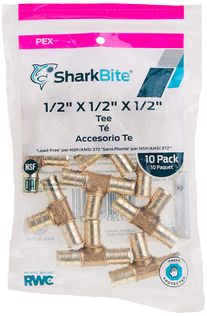 SharkBite UC362LFA10 1/2" Tee PEX Barb Fitting (10-Pack), 1, Brass, 10 Count - NewNest Australia