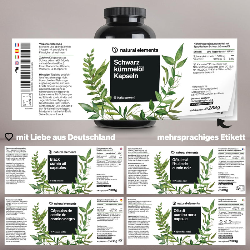 Black cumin oil (original Nigella sativa) - 400 capsules in a 6-month supply - 1000 mg Egyptian black cumin oil/daily dose - cold-pressed, natural - produced in Germany & laboratory tested - NewNest Australia