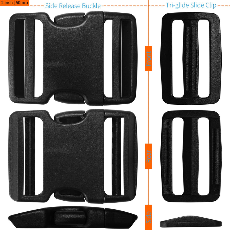 Buckles for Straps 2": Side Release Buckle Plastic Clip 2 set + Tri-Glide Slide 4 pcs Fit 2 inch Wide Nylon Strap Webbing Belt, Heavy Duty Replacement for Backpack Parachute, Dual Adjustable No Sewing 2 Set 2 in - NewNest Australia