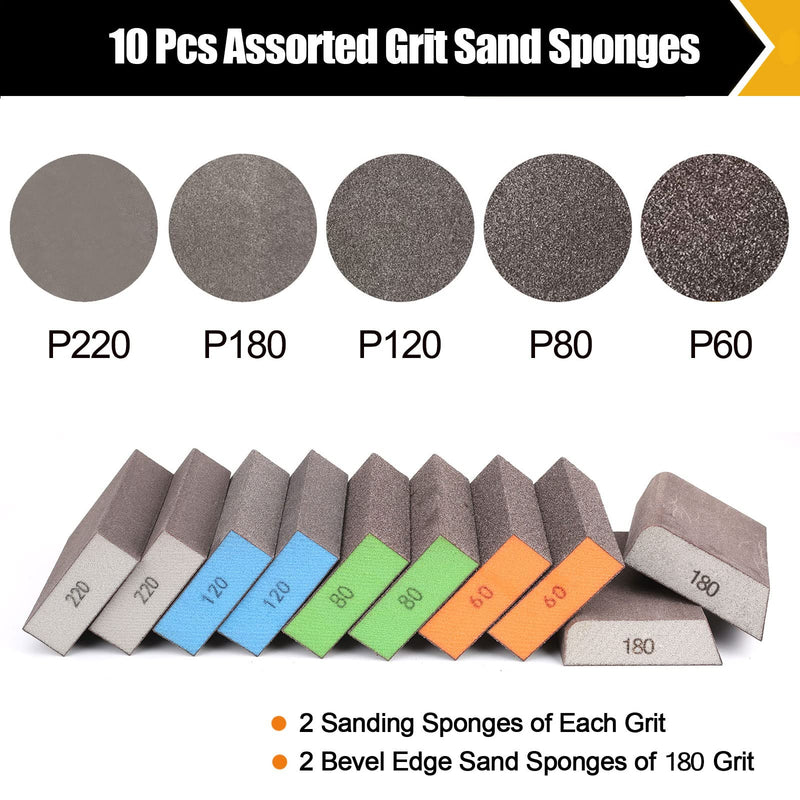 BOSHCRAFT 10 Pack Sanding Sponge, Washable and Reusable Sanding Block for Wood Drywall Metal Glasses Coarse/Medium/Fine/Superfine in 60/80/120/220 Grit Sandpaper Block Sand Paper Brick (3.9'' × 2.8'') - NewNest Australia