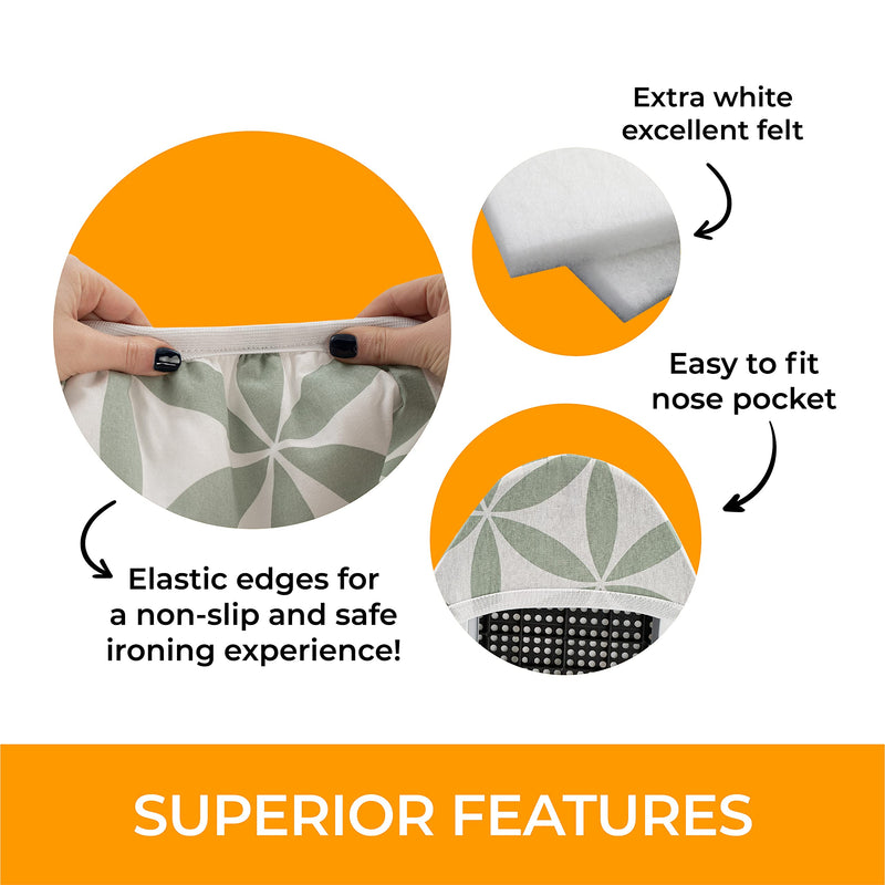Ironing Board Cover and Pad Extra Thick Heavy Duty Padded 4 Layers Non Stick Scorch and Stain Resistant 15x54 and 3 Fasteners Elastic Edge with 2 Bonus Laundry Bag and Protective Scorch Mesh Cloth Flower of Life: Green/White - NewNest Australia