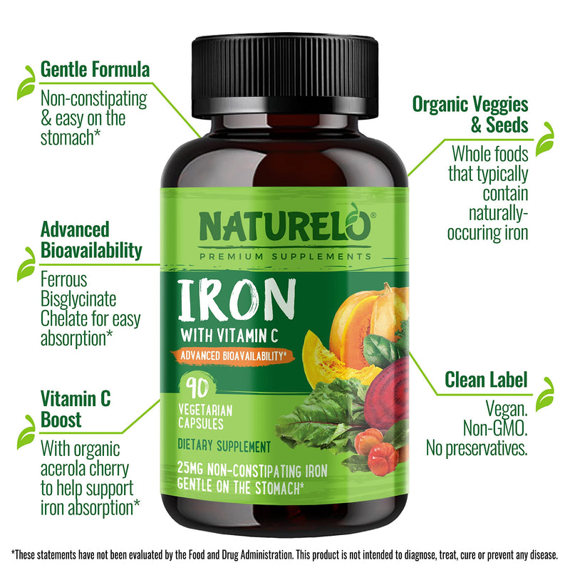 NATURELO Vegan Iron Supplement with Vitamin C and Organic Whole Foods - Gentle Iron Pills for Women & Men w/ Iron Deficiency Including Pregnancy, Anemia and Vegan Diets - 90 Mini Capsules 90 Count (Pack of 1) - NewNest Australia