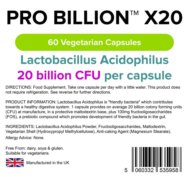 Lindens Pro Billion X20 20 Billion Cfu Ultra High Strength Capsules - 60 Pack - Ultra High Potency Lactobacillus Acidophilus Supporting Digestion - UK Manufacturer, Letterbox Friendly - NewNest Australia