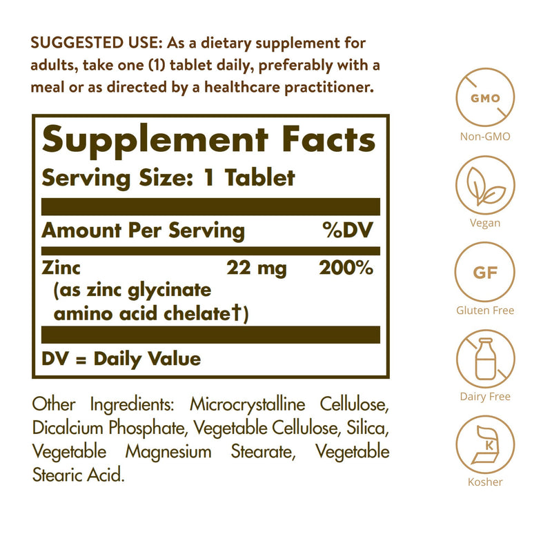Solgar Chelated Zinc, 100 Tablets - Zinc for Healthy Skin - Supports Cell Growth & DNA Formation - Exerts Antioxidant Activity - Supports A Healthy Immune System - Non GMO, Gluten Free - 100 Servings 100 Count (Pack of 1) Standard Packaging - NewNest Australia