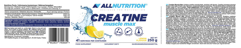 Allnutrition Creatine Muscle Max Dietary Supplement - Creatine Monohydrate With Taurine - Performance Increase And Muscle Building - No Added Sugar - Instant Powder 250 G - Lemon - NewNest Australia