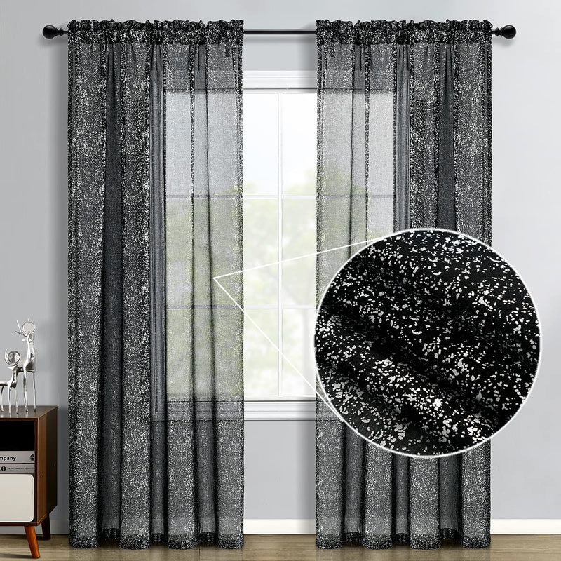 TERLYTEX Black Silver Curtains for Bedroom - Glam Sparkle Curtains 63 Inch Length, Metallic Silver Black Sheer Curtains for Windows, Privacy Shiny Sheer Curtains 2 Panels, 52 x 63 Inch, Black Silver W52 x L63 Inch|Pair - NewNest Australia