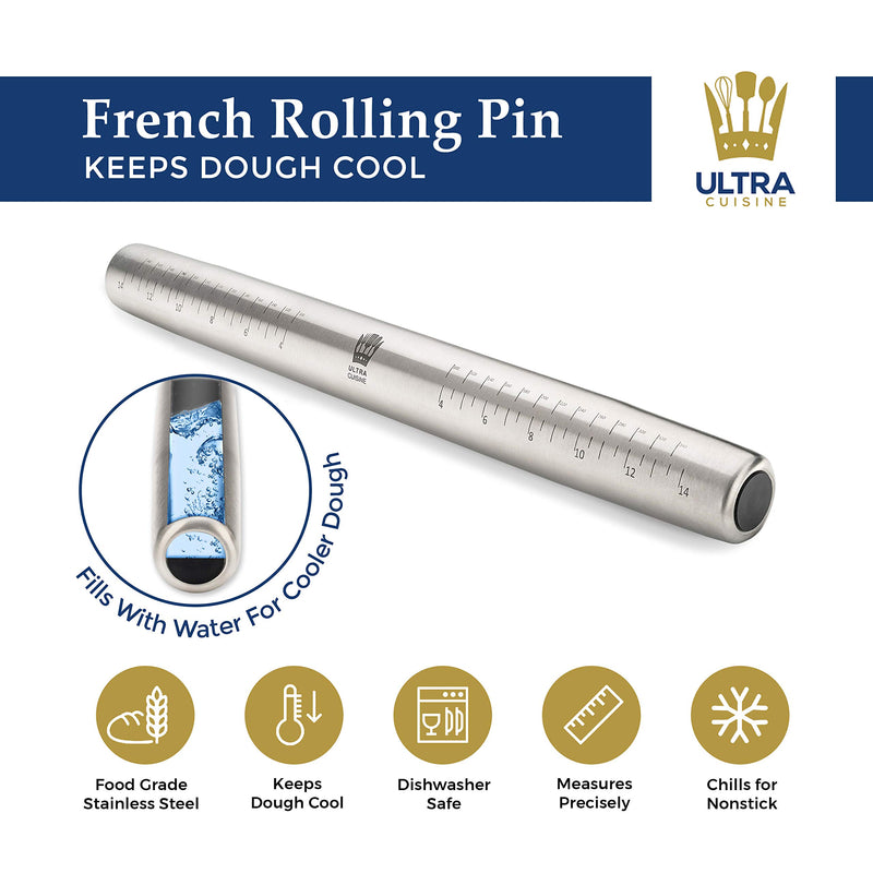 NewNest Australia - Professional Tapered French Rolling Pin - Stainless Steel Rolling Pin with Measurements - Adjustable Weight, Non-stick, Dough Cooling - Roller for Baking, Fondant, Cookies, Pie Crust, and Pastries 