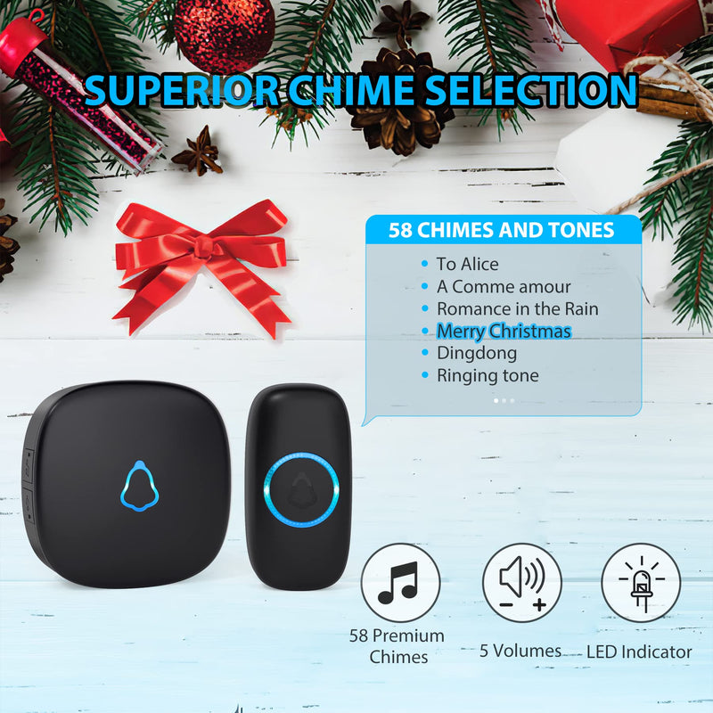SECRUI Wireless Doorbell, Waterproof Mini Doorbell 1,000ft Range 110dB Mute Mode 58 Door Chimes & Colorful LED Flashing - Black - NewNest Australia