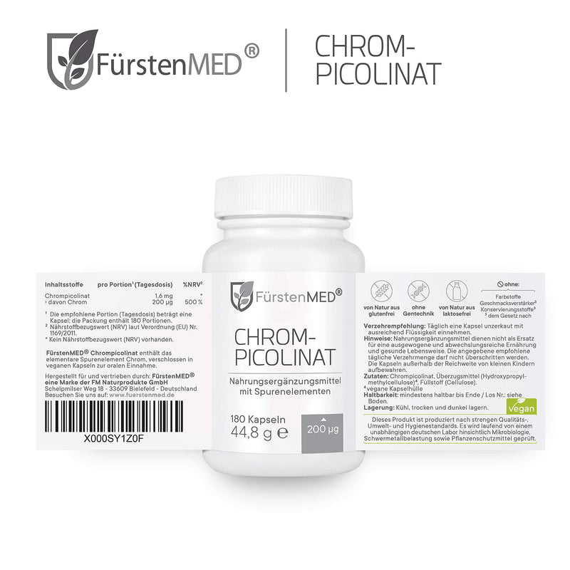 FürstenMED® Chromium capsules made from Chromium Picolinate (chromium picolinate) - essential trace element with 200 mcg - 180 vegan capsules - no tablets - NewNest Australia