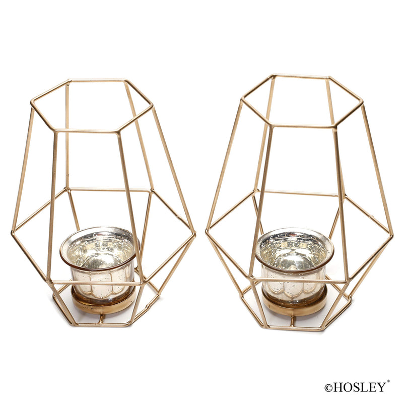 NewNest Australia - Hosley 7 Inch High Lantern with Metallic Gold Glass Set of 2. Ideal Gift for Weddings Parties Special Events Spa Aromatherapy Votive Tealight Pillar Candle Gardens. O5 