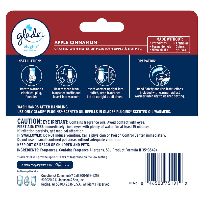 Glade PlugIns Refills Air Freshener, Scented and Essential Oils for Home and Bathroom, Apple Cinnamon, 2.01 Fl Oz, 3 Count 3 Refills - NewNest Australia