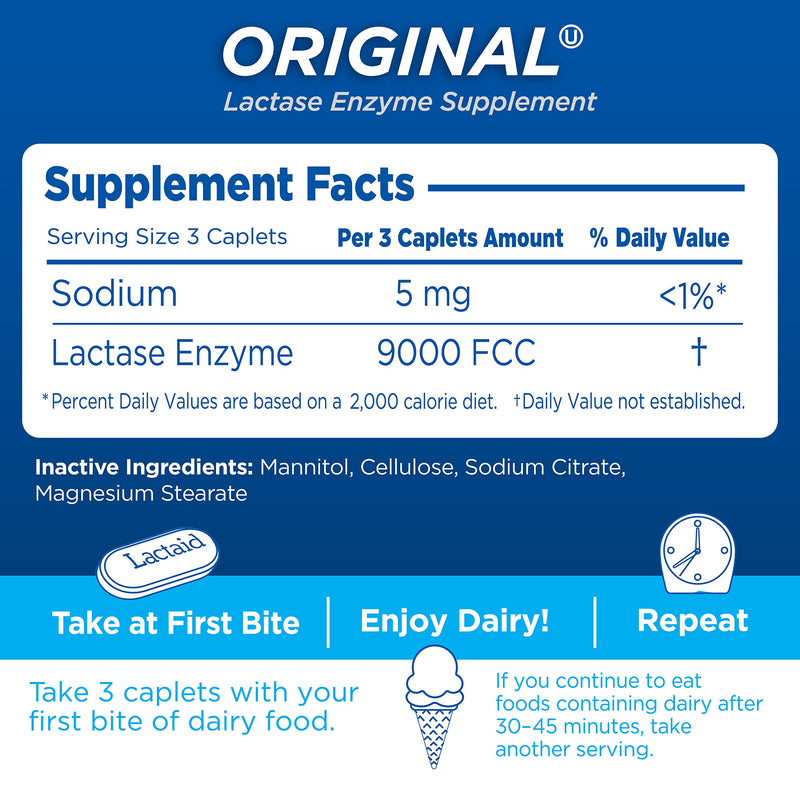 Lactaid Original Strength Lactose Intolerance Relief Caplets with Natural Lactase Enzyme, Dietary Supplement to Help Prevent Gas, Bloating & Diarrhea Due to Lactose Sensitivity, 120 ct - NewNest Australia