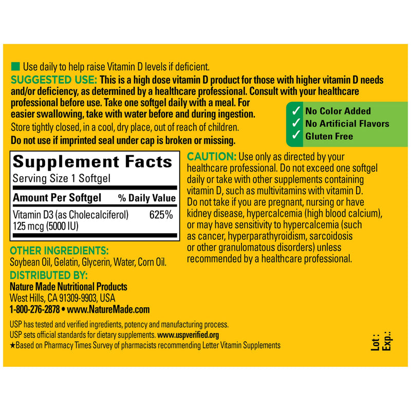 Nature Made Extra Strength Vitamin D3 5000 IU (125 mcg), Dietary Supplement for Immune Support, 360 Softgels, 360 Day Supply - NewNest Australia