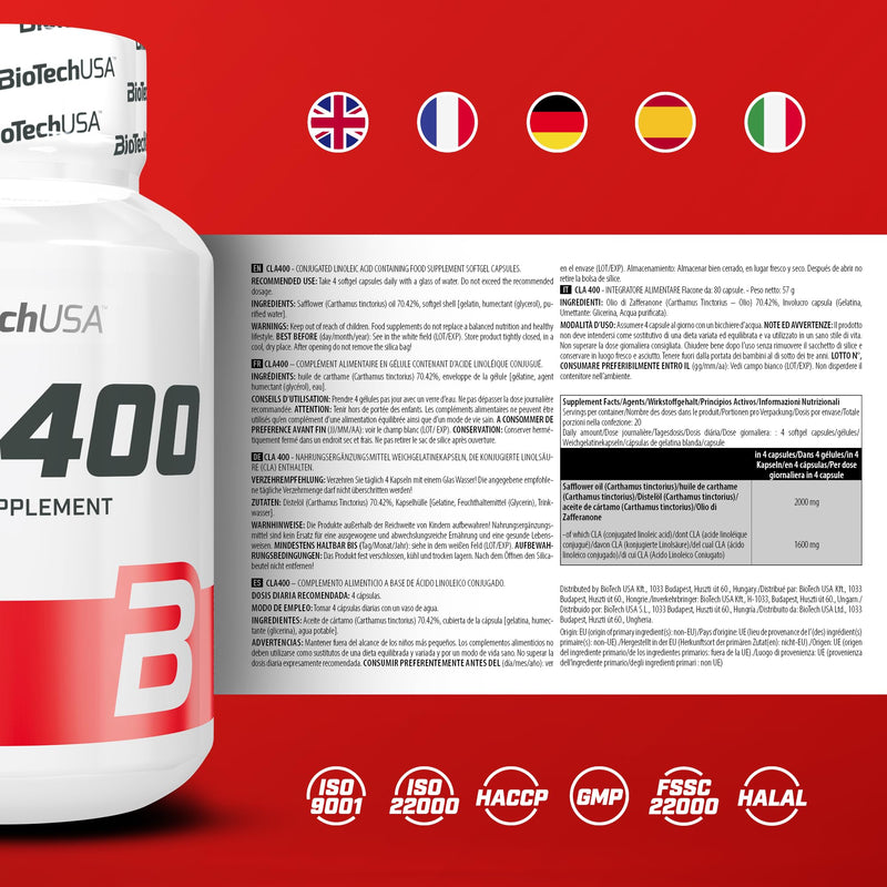 BioTechUSA CLA 400 Dietary Supplement Soft Gelatin Capsules Containing Conjugated Linoleic Acid, 80 Softgel Capsules - NewNest Australia