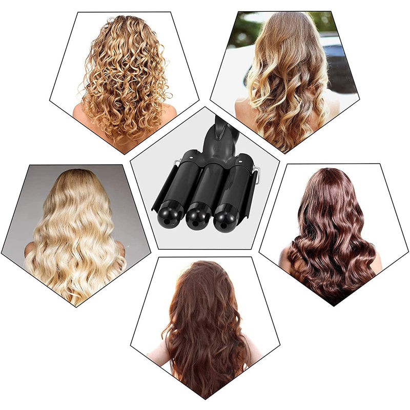 Hair Curler, 3 Barrels Hair Waver Upgrade Version Ceramic with 2 Gear Temperature Control, 25mm Curling Tongs for Long Hair, Styling Tool for Woman Crimp Hair with Plus Heat Resistant Glove Black - NewNest Australia