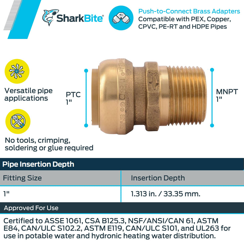 SharkBite 1 Inch MNPT Adapter, Push to Connect Brass Fitting, PEX Pipe, Copper, CPVC, PE-RT, HDPE, U140LFA 1 in. 1.0 - NewNest Australia
