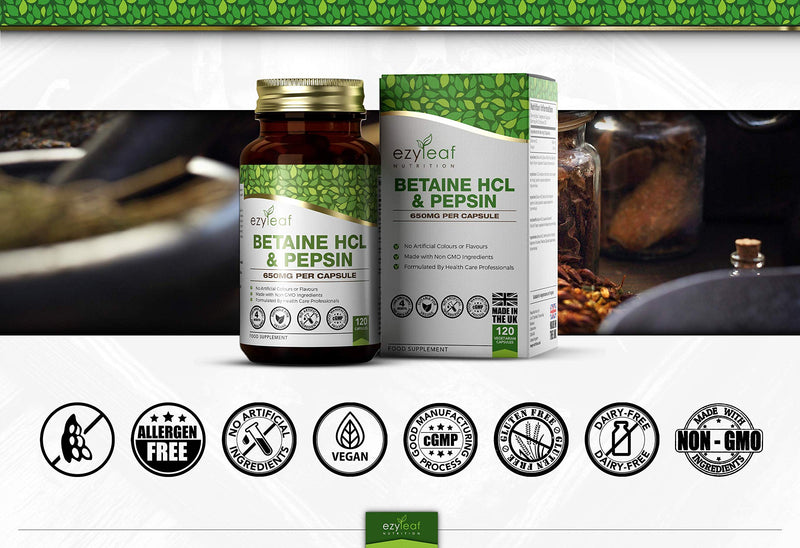 Ezyleaf Betaine Hcl Pepsin 680 Mg | 120 Vegan Betaine Hcl Capsules | Betaine Hydrochloride With Pepsin | Digestive Enzymes | No Artificial Ingredients | Iso Certificate, Gluten & Gmo Free | Made In - NewNest Australia