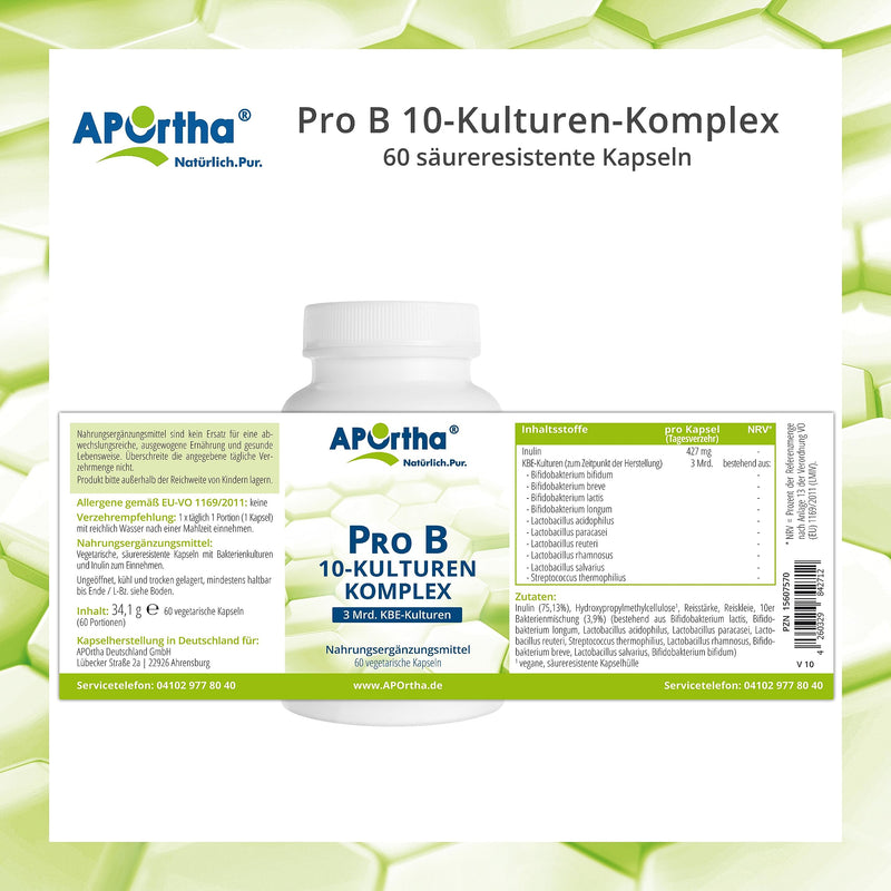 Aportha Pro B 10 Cultures - 60 Gastric Juice-Stable Capsules, 3 Billion Cfu Cultures Per Daily Dose, Allergen-Free, Gluten-Free, Lactose-Free, Vegetarian Without Additives - NewNest Australia