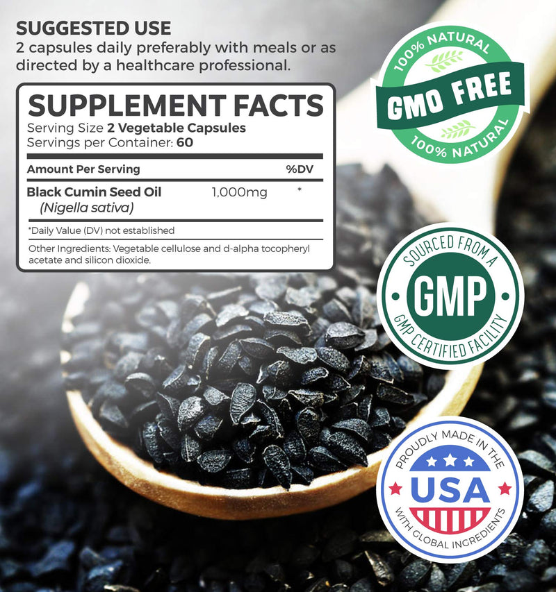 Black Seed Oil - 120 Softgel Capsules (Non-GMO & Vegetarian) Premium Cold-Pressed Nigella Sativa Producing Pure Black Cumin Seed Oil with Vitamin E - 500mg Each, 1000mg Per Serving - NewNest Australia