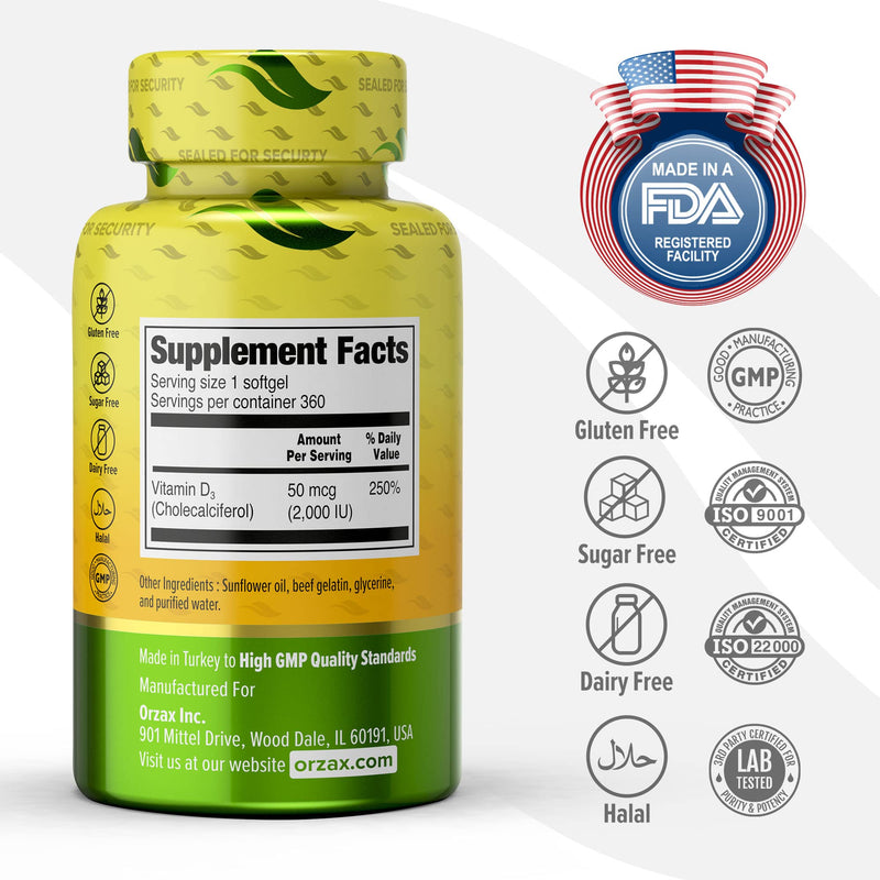 ORZAX Vitamin D3 2000 iu Softgels, 360 Days Supply, Supports Immune System & Bone Healths, Mood Booster D3 Vitamin, Gluten-Free, 50 mcg, 360 Mini Softgel - NewNest Australia
