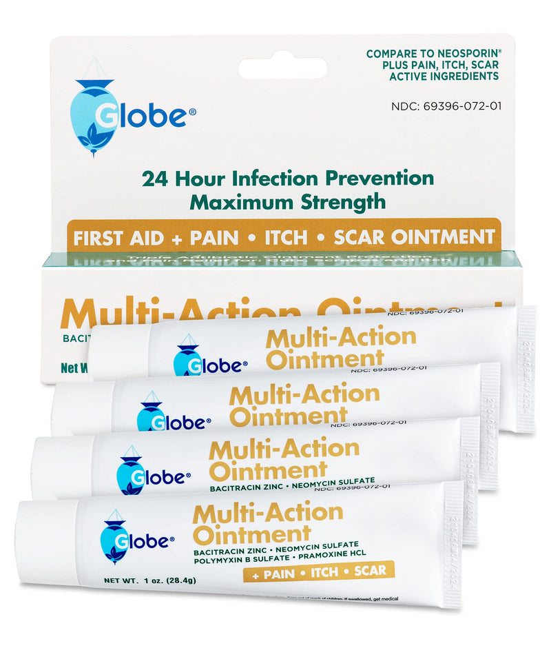Globe Multi-Action Ointment | Triple Antibiotic Plus Pain-Relieving, Anti-Itch, Scar Minimizer | w/ Neomycin, Bacitracin, Pramoxine HCl & Polymyxin B| Treats Minor Cuts, Scrapes, Burns (4 Pack) - NewNest Australia
