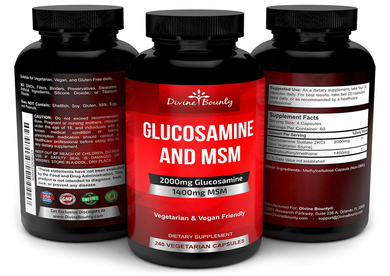 Glucosamine Sulfate Supplement (2000mg per Serving) with MSM - 240 Small Vegetarian Capsules - No Shellfish, GMO's or Harmful Additives - NewNest Australia