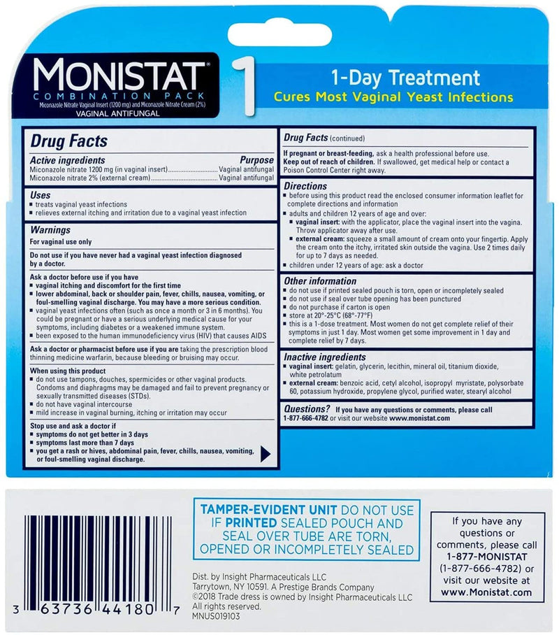 Monistat 1-Day Yeast Infection Treatment, Prefilled 1 Day Ovule - Itch Cream - NewNest Australia
