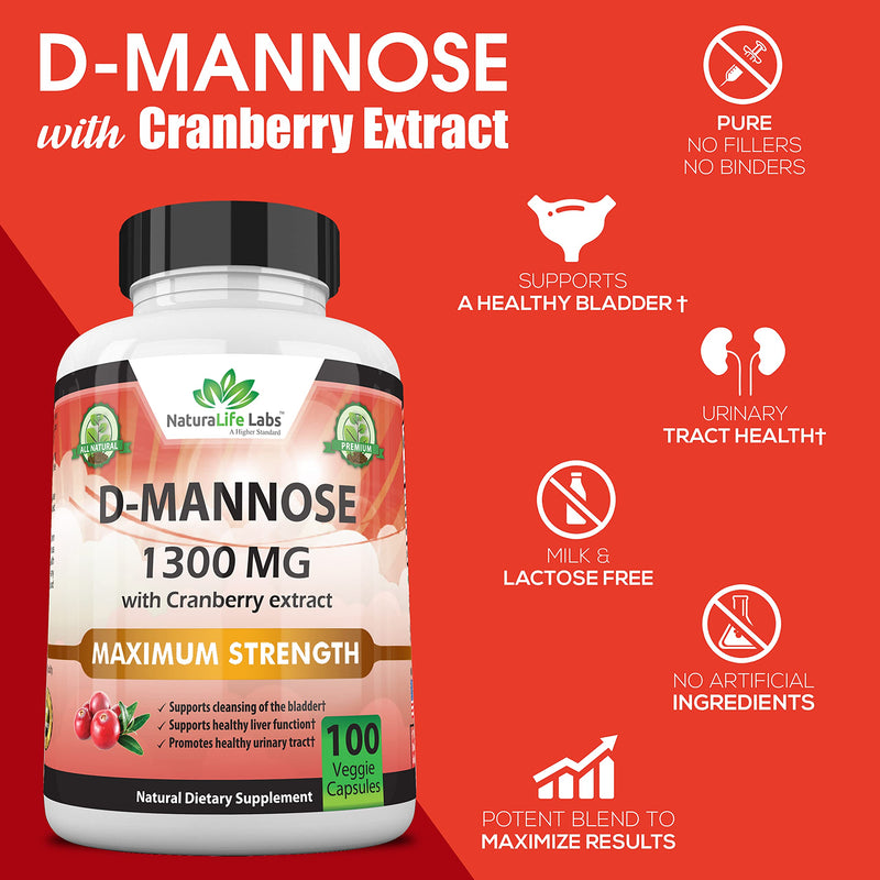 D-Mannose 1,300 mg with Cranberry Extract Fast-Acting, Flush Impurities, Natural Urinary Tract Health- 100 Veggie Capsules - NewNest Australia