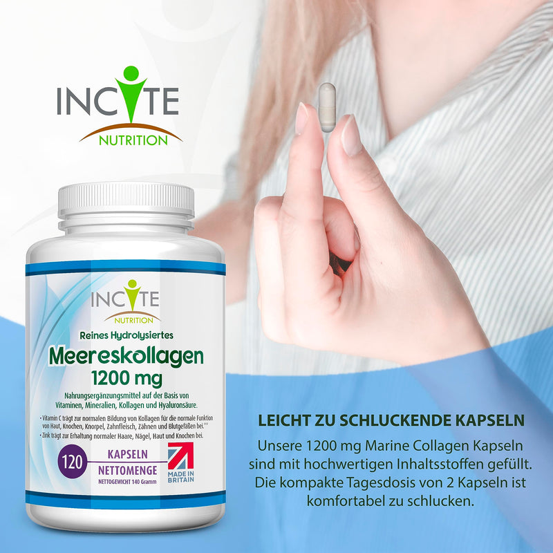 Incite Nutrition Marine Collagen, Pure High Quality Hydrolyzed Type 1 Marine Collagen with Vitamins C, E, B12, Copper, Zinc and Iodine, for Men and Women, 1200 mg, 120 Count (Pack of 1) - NewNest Australia