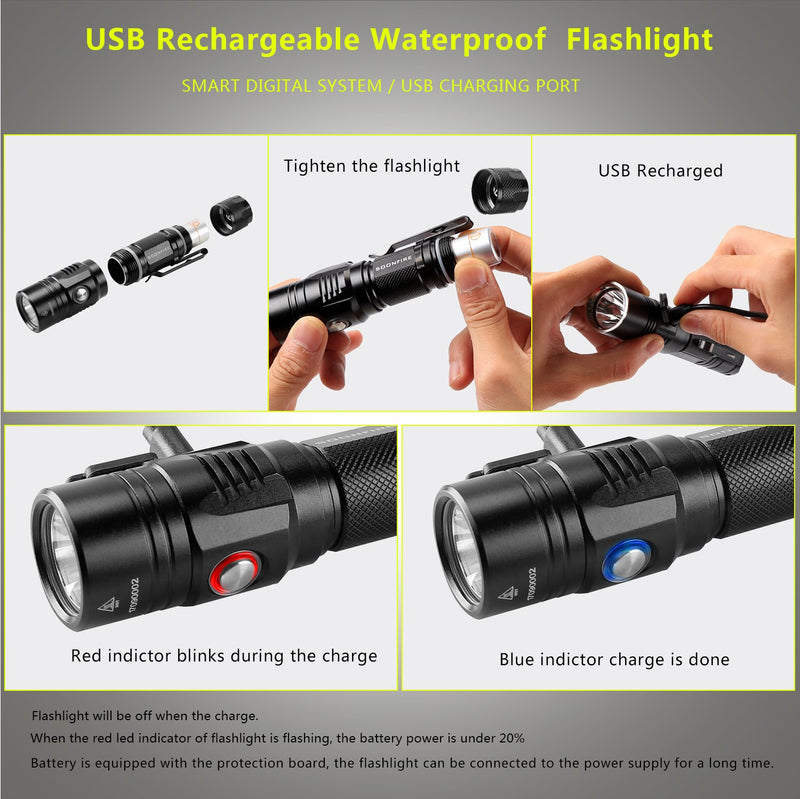 Cree XP-L LED Rechargeable Flashlight,soonfire E07 USB Waterproof 1000 Lumen Compact EDC Flashlight with type 18650 3400mAh rechargeable Li-ion battery (Black) Black - NewNest Australia