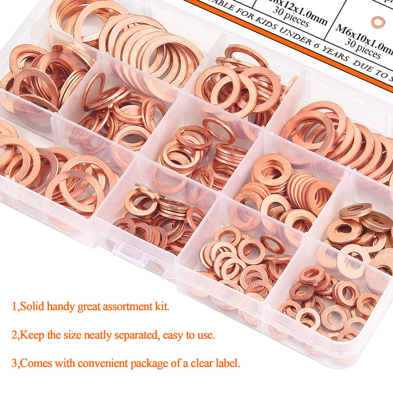 Copper Washer Assortment Set, HELIFOUNER 300 Pieces 12 Sizes Copper Metric Sealing Washers Kit - NewNest Australia